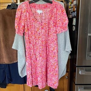 Margaux Riviera Size Medium Pink Orange Print Floral Puff Sleeve Swing